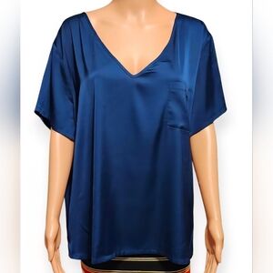 Navy Satin V-Neck Blouse